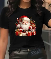 Merry Christmas T-Shirt - Festive Santa Claus & Holly Print T-shirt