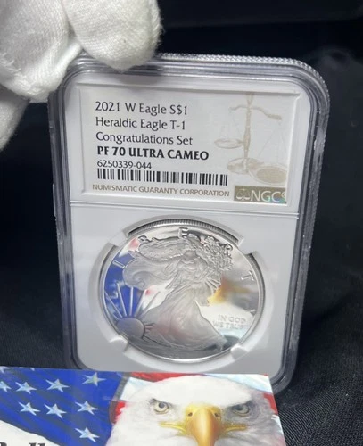 2021 AMERICAN SILVER EAGLE T-1 PF70 ULTRA CAMEO CONGRATULATIONS SET