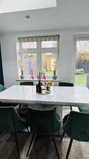 White (High Gloss) Dining Table with 8 Green Chairs. Collection Only