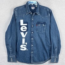 VTG Levis Denim Shirt Mens M Pearl Snap Sawtooth Spell Out Logo Western Cowboy