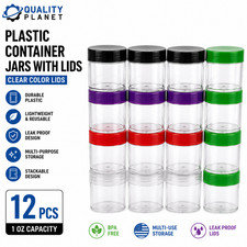 Qty:12 1 Oz Plastic Container Jars with Lids Clear Color Lids