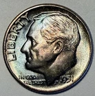 1951-P Roosevelt Dime, Choice Gem BU, Blue Toning! Flawless!