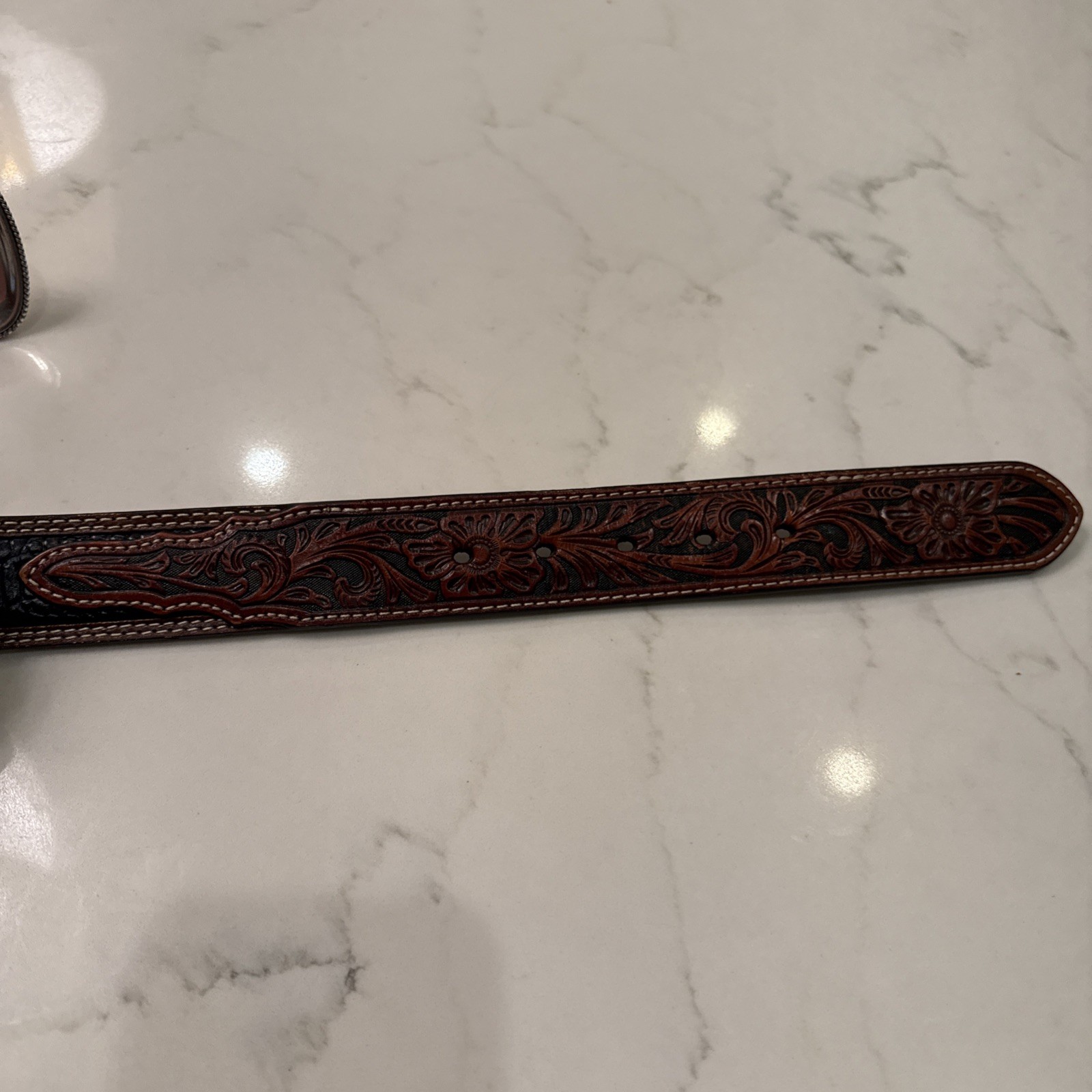 Nocona Belt Co Men's Tooled Western Belt- Size 34 -Brown/Black w/ Silver Buckle