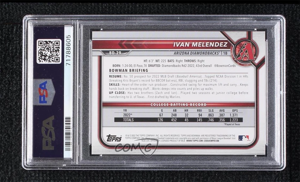 2022 Bowman Draft Sky Blue /499 Ivan Melendez #BD-29 PSA 9 MINT - Image 2 of 2