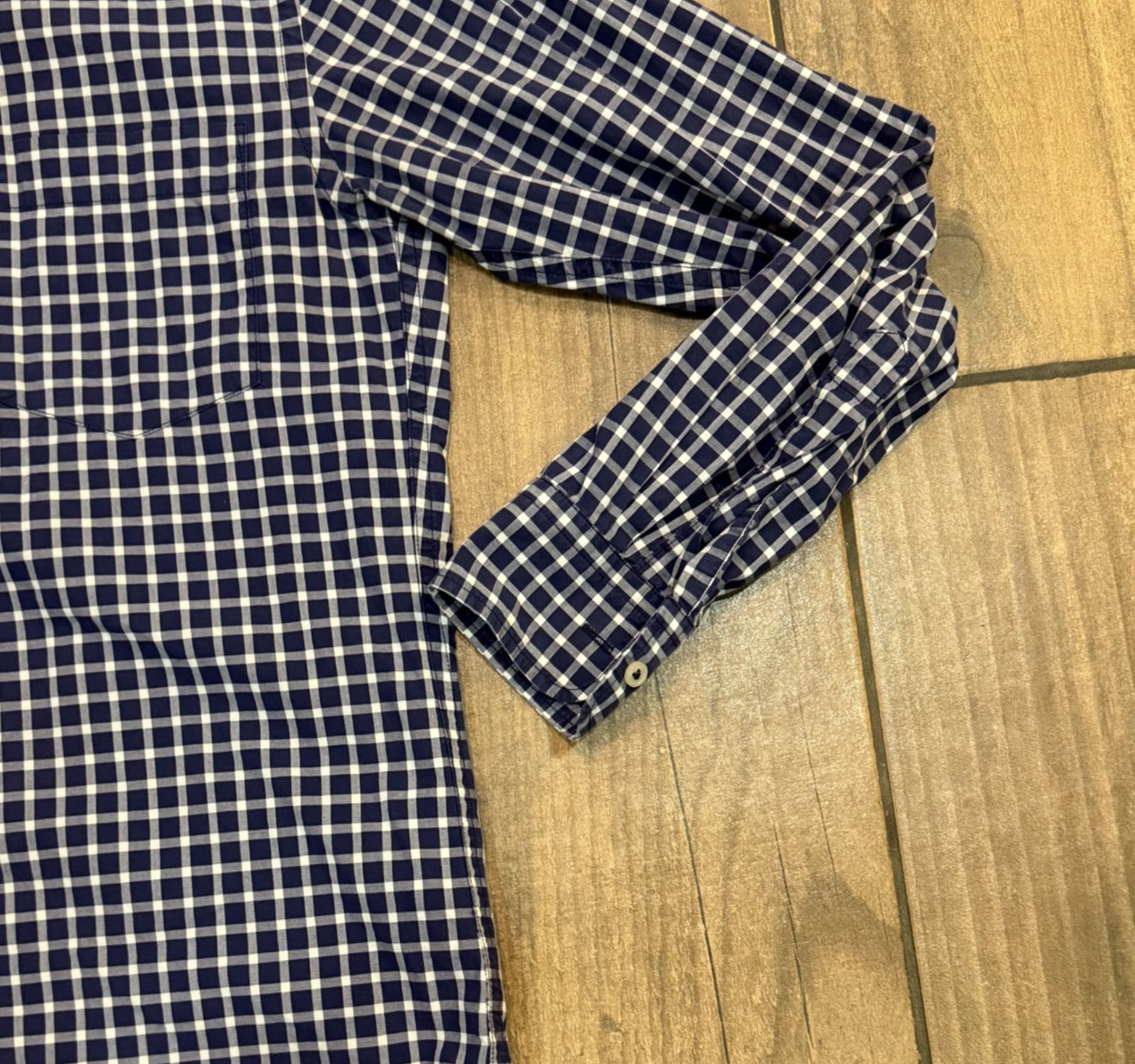 Uniqlo Long Sleeve Cotton Navy Blue White Gingham Check Button Up Shirt Men's XS thumbnail 12