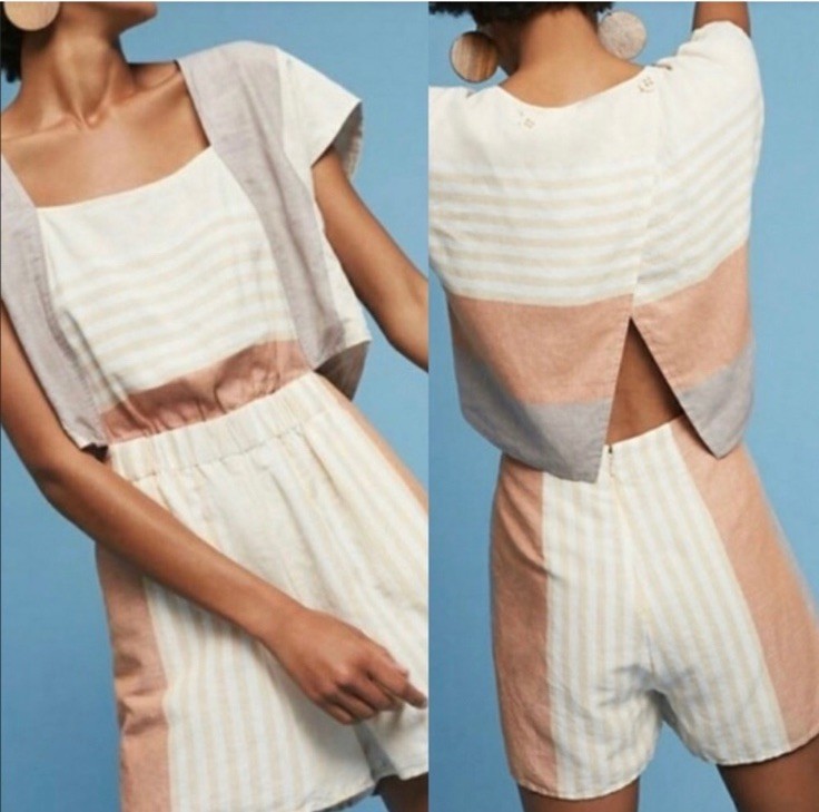 Elevenses Anthropologie Striped Cutout Romper XS Linen Blend Boxy Coastal View 5