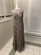 Ignite Evenings by Carol Lin Taupe Beaded Embroidered Round Neck Long Gown 10P