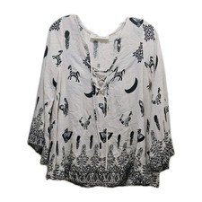 Blusa con cordones vintage Havana Boho Campesina Top L negra blanca pluma estampado caballo