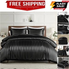 3-Piece Reversible Silky Soft Queen Comforter Set, Luxury Stripe Satin Comfor...