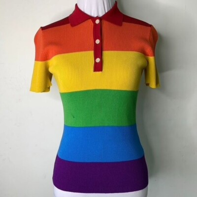 Rokh Women's Rainbow Short Sleeve Ribbed Collared Shirt Top Size Medium