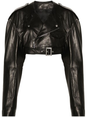 Women's Black Leather Cropped Jacket Biker Style Belted Short Moto Coat