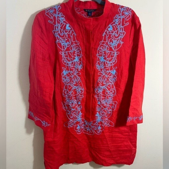 Top túnica Brooks Brothers bordado lino línea larga coral rojo azul talla 12 Foto 2 de 4