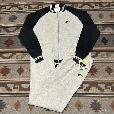 Vintage Nike Track Suit Jacket Pants XLT Gray Tag 80s 90s Fleece Warm Up A7 