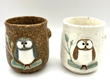 (2) Mino ware Japanese Pottery Yunomi Chawan Tea Cup Owl Raised Coffee  Japan
