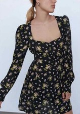 Zara Dress Womens S Floral Print Lavender Roses Black Purple Long Sleeve NEW NWT