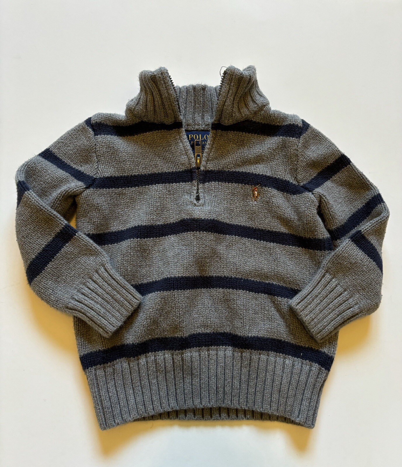 EUC Toddler Boys Grey Striped POLO RALPH LAUREN 1/2 Zip Sweater Size 2T