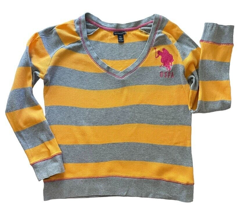 Camicia vintage US POLO ASSN Big Pony Waffle maglia righe termiche Ralph Lauren Y2K XL