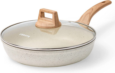 8'' Non Stick Granite Fry Pan with Glass Lid - Stone Cookware Chef's Pan (CREAM)