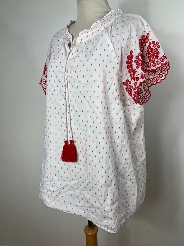 Talbots XL Shirt Oberteil weiß rot gepunktet V-Ausschnitt Ösen Kurzarm Damen Y2 - Bild 4 von 6