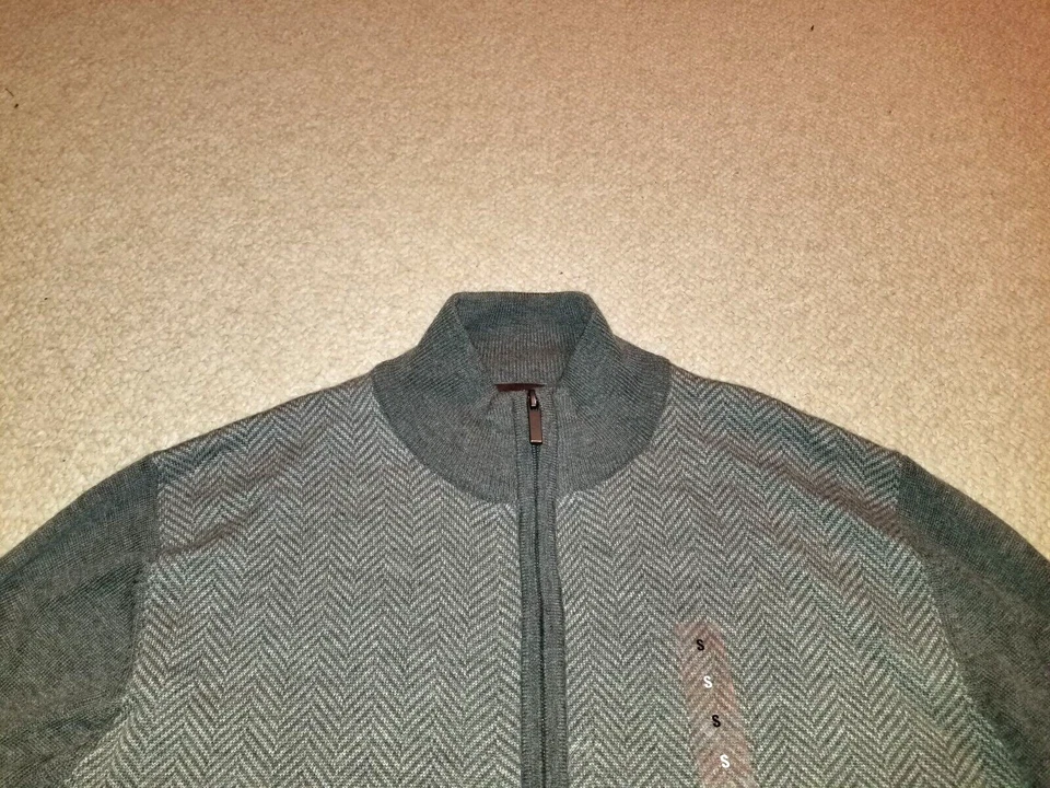 NWOT Mens Sweater-TOSCANO-gray herringbone merino wool zip cardigan Grandpa-S — 第 2/4 张图片