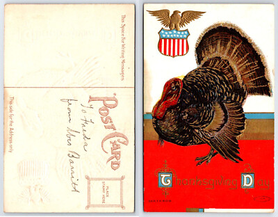 [E4] Postcard Embossed, Thanksgiving Day American Eagle Shield Flag Turkey C1909