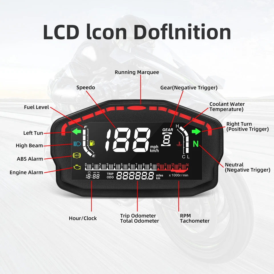 Motorcycle Bike Universal LED Speedometer LCD Digital Odometer Gauge 14000r/min - Image 4 of 4
