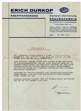 Erich Dürkop - Opel-Generalne Przedstawicielstwo Brunszwik - Świadectwo z 1934 roku (samochód)
