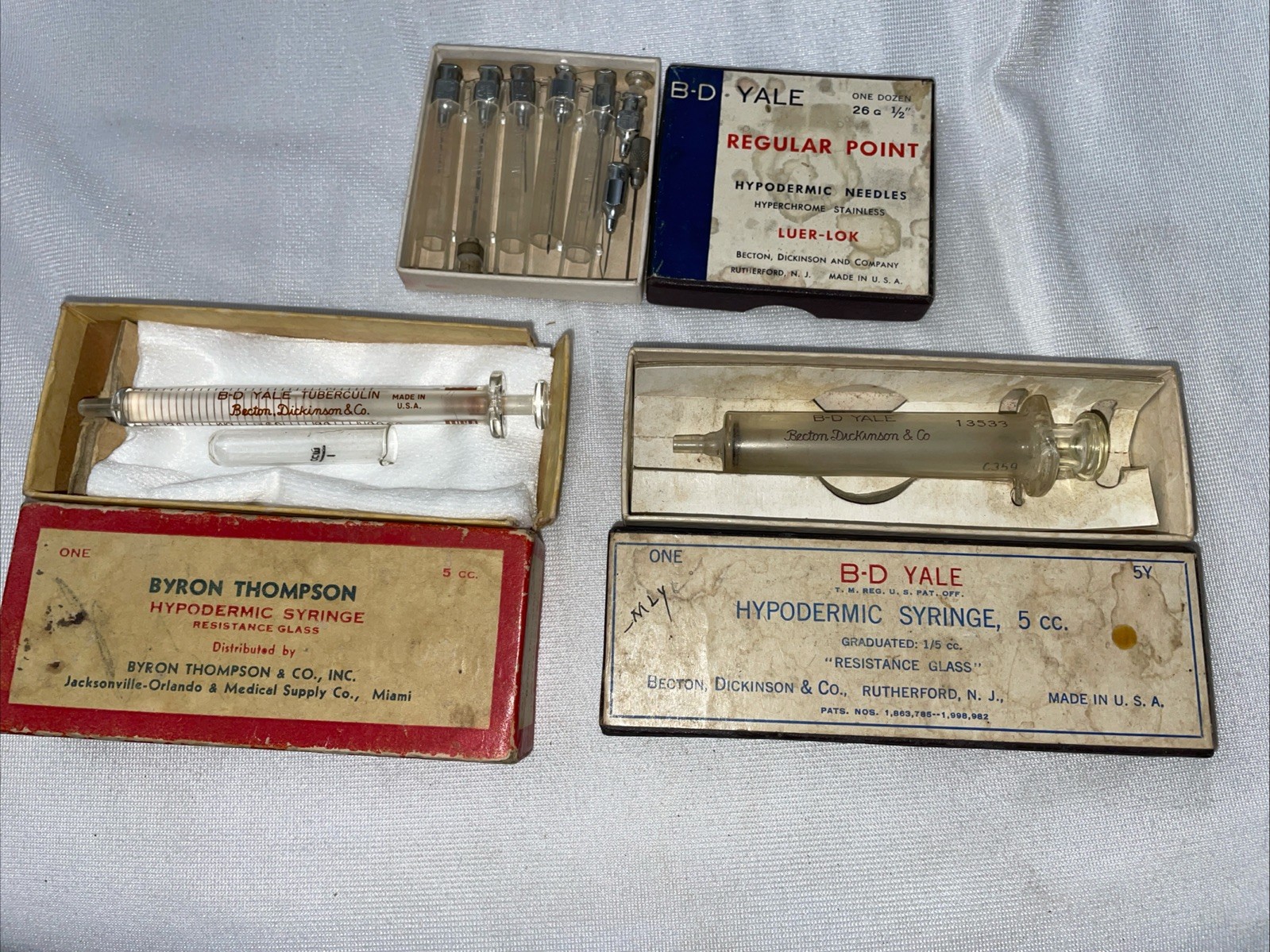 Medical supplies - glass syringe, hypodermic needles yale/ byron thompson