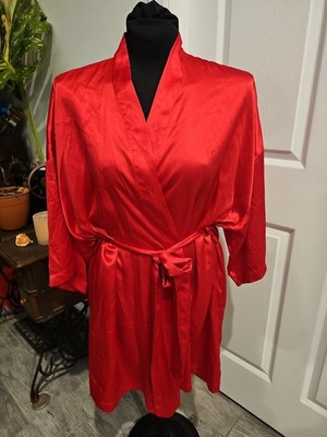 Victoria s Secret Red Satin Robe One Size Wrap Kimono Belted Pockets Sleepwear