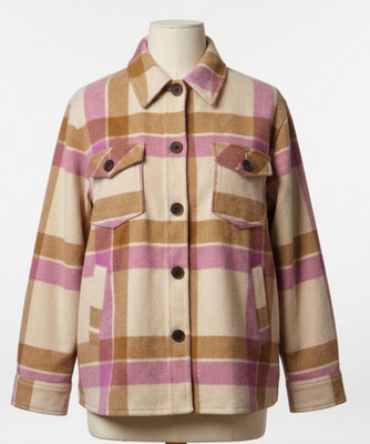 Gap Womens Small Shacket Pink Plaid Wool Blend Shirt Jacket Flannel Boxy Cozy S