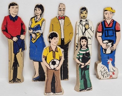 Vintage Lot 7 Guidecraft Wooden Wedgie Toy Figures Working People & Kids, 1950s