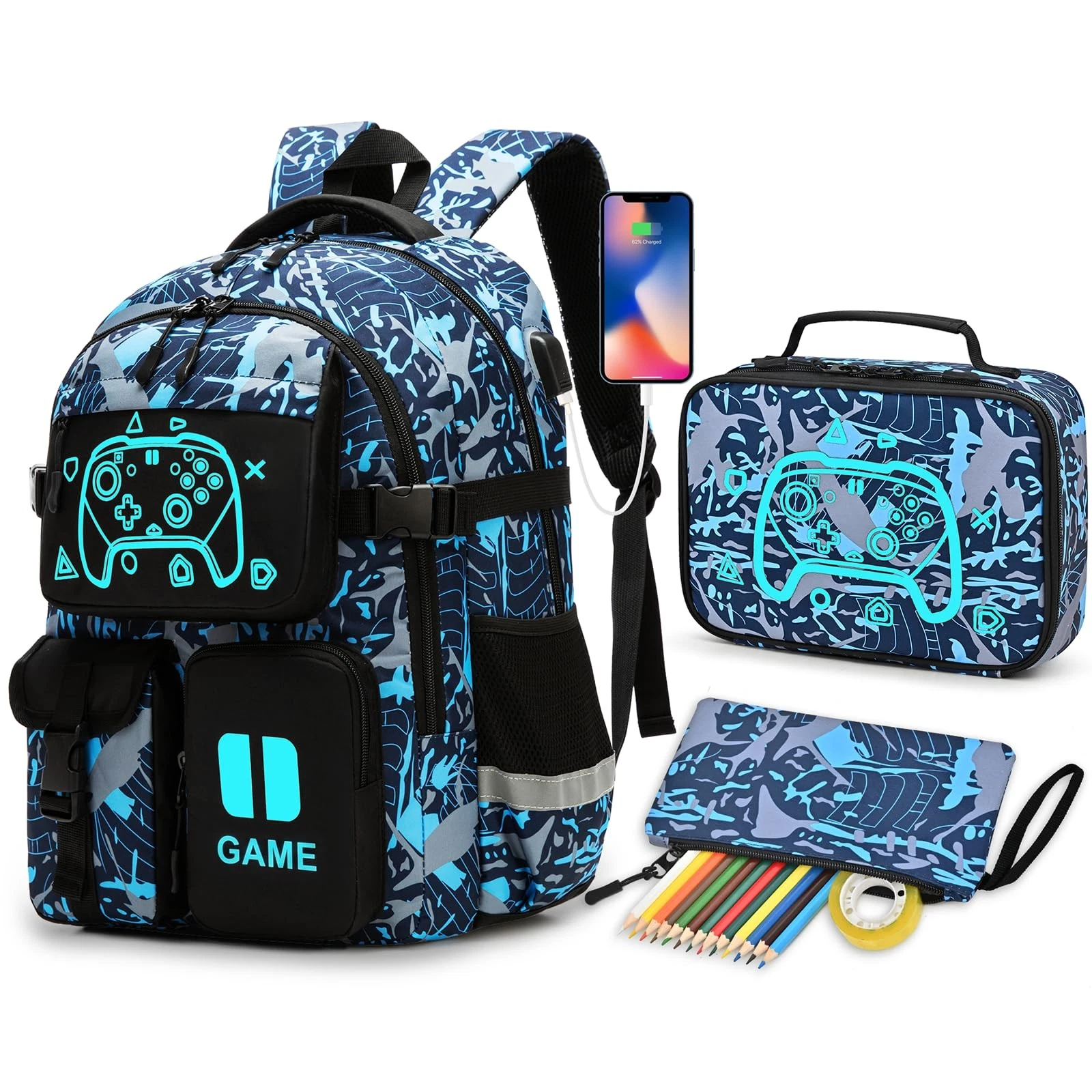 Beaulyn Gamer Boys Backpack Set Includes a Lunch Bag & Pencil Case M, Blue