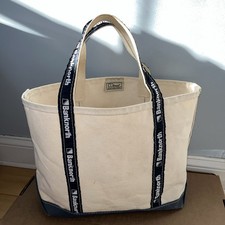 LL BEAN VNTG BANK NORTH NATURAL CON FINITURE BLU E BIANCHE BARCA E BORSA TOTE MED TAGLIA M