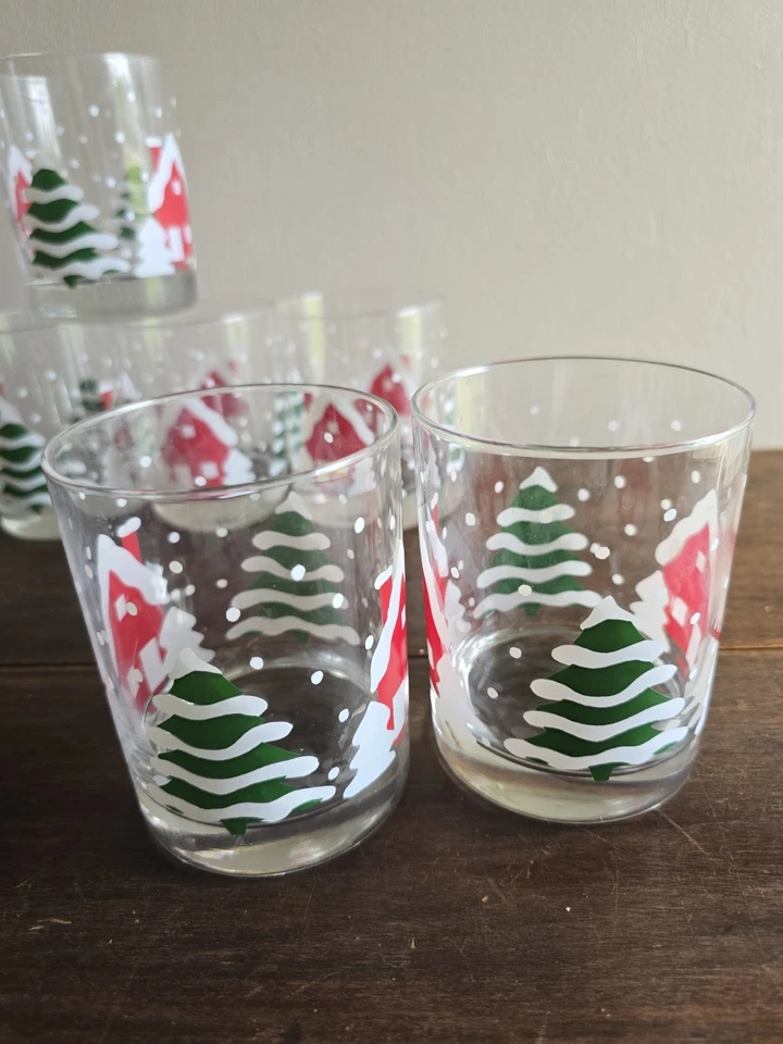 Set Of 6 Pier One"Winter Village" Snowy Red Cabin Trees 12oz Tumblers Glasses - Image 2 of 4