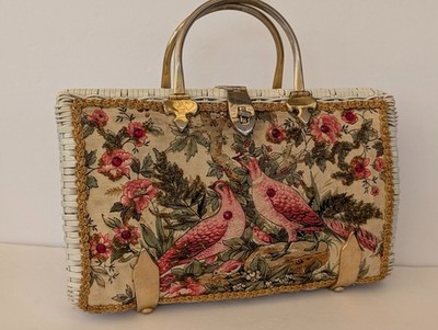 Vtg Faye Mell Fleurette Wicker Purse Handbag Beaded Birds Large Double Handles