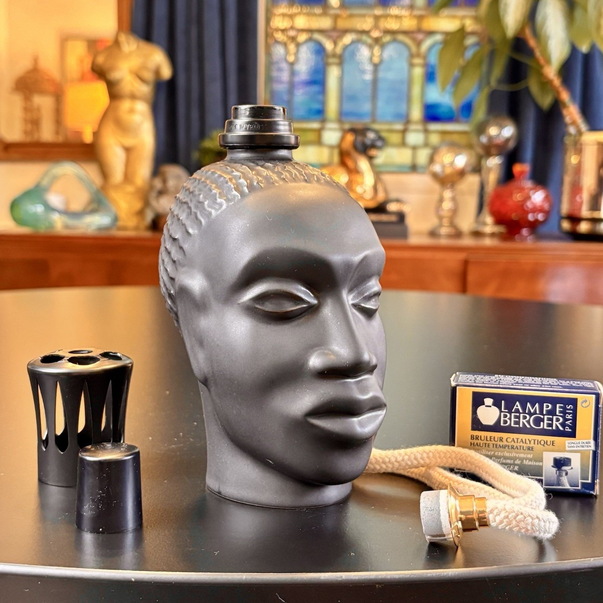 Vtg LAMPE BERGER Jars Tribal African Warrior Head Black Fragrance