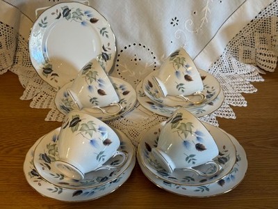 Vintage Colclough Linden Bone China 4er Set Trios 4 Tassen 4 Untertassen 4 Teeteller