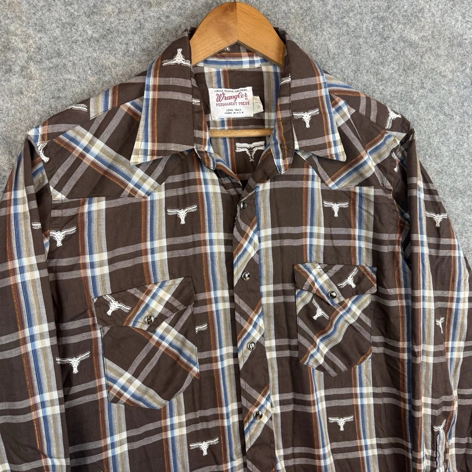 VTG Wrangler Shirt Mens 16.5 Permanent Press Long Tails Bull AOP Pearl Snap 70s - Image 3 of 4