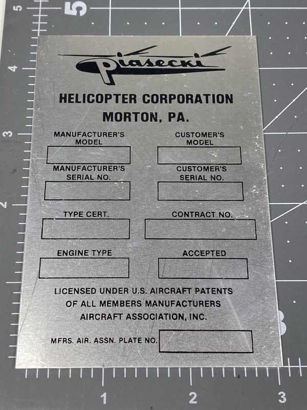 RARE Piasecki Helicopter Corporation "Flying Banana" H-21 Blank Data Plate NOS