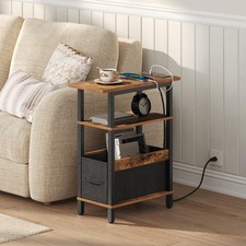 Narrow Side Table with Charging Station, Slim End Table with Fabric Storage, ...
