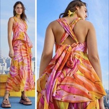 FARM Rio Ombre Bananas Cross‑Back Midi Dress Small Tropical Resort Pink Yellow