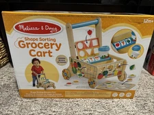 NIB -Melissa & Doug Wooden Shape Sorting Grocery Cart Push Toy and Puzzles