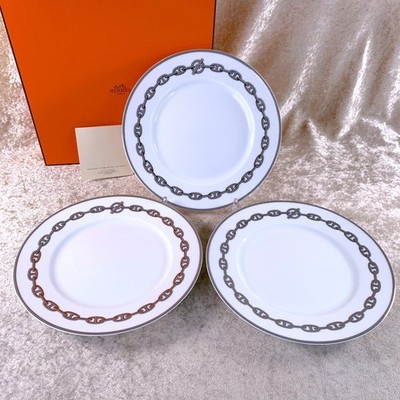 Hermes Paris Dessertteller Chaine d'Ancre Platin Porzellan 3er Set mit Etui