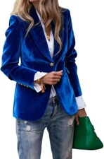 Women's Velvet Blazer Jackets Solid Suit Jacket V-Neck Work Office Short Coat