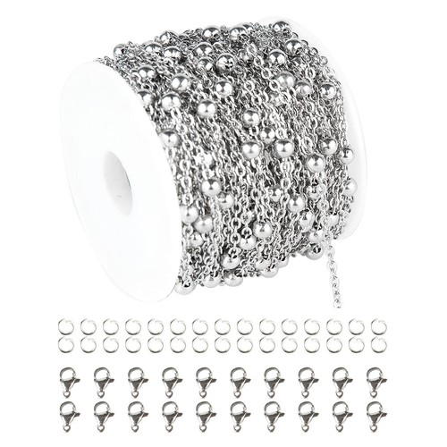 32.8 Feet Silver Stainless Steel Chains for Jewelry Making 4mm Ball Beaded Li...