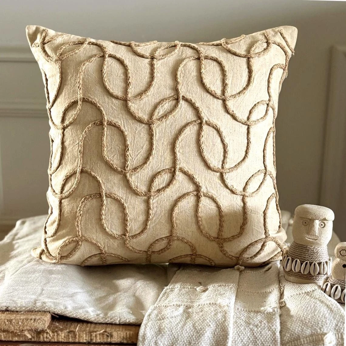 Decorative Cushion Cover Beige 16"x16", Sofa Decor Cotton Fabric - Jute Shoot
