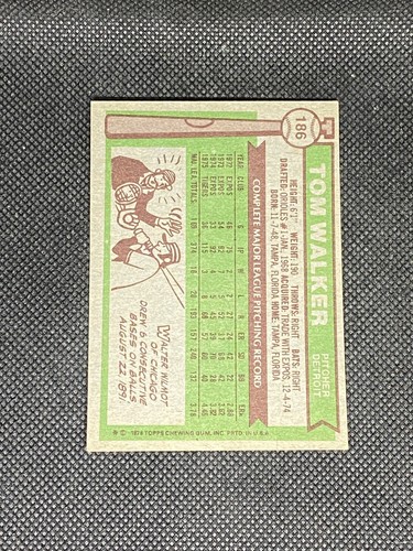 Tom Walker 1976 Topps #186 Baseball Card Detroit Tigers Raw - Picture 2 of 2
