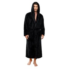 Mens Comfortable Full Length Fleece Robe with Hood Large/XLarge Big Black
