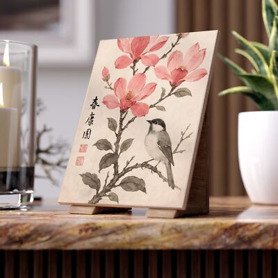 Japanese Bird & Magnolia Ceramic Tile, Sumi-e Floral Art, Zen Nature Home Decor 