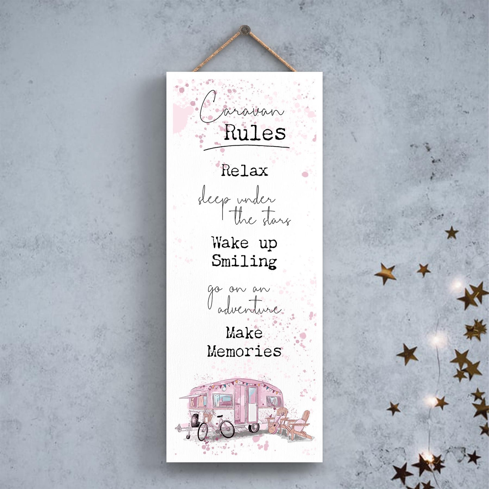 Caravan Rules Pink Watercolour Caravan Pitch Wooden Hanging Wall Plaque